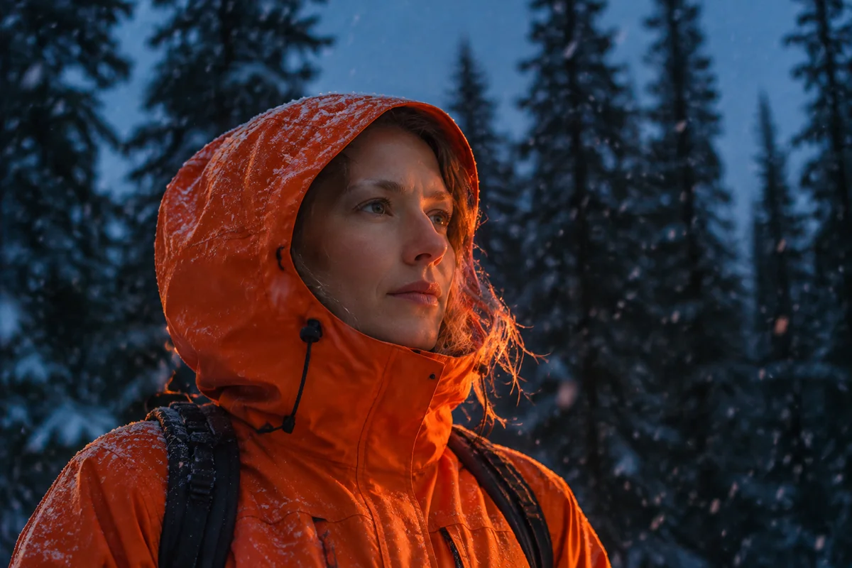Model in an orange parka in falling snow — Varde Outdoor winter campaign